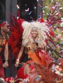 Trinidad-born hip hop artist Minaj, performs alongside soca artist Montano during the filming of a Carnival-themed music video for her song Pound the Alarm, in Belmont