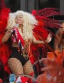 Trinidad-born hip hop artist Minaj, performs alongside soca artist Montano during the filming of a carnival-themed music video for her song Pound the Alarm, in Belmont